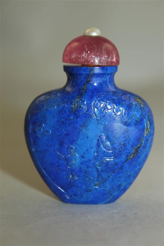 A Chinese inscribed lapis lazuli snuff bottle, 20th century, 4.3cm